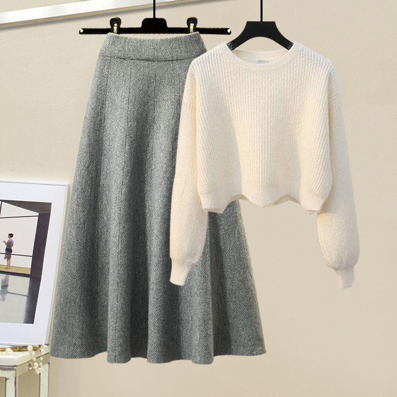 

2 шт. Женские вязаные костюмы с юбкой Осень Зима Свитер с круглым вырезом Вязаная юбка Комплект из двух предметов Пуловер СвитерВязаная юбка Наряды L