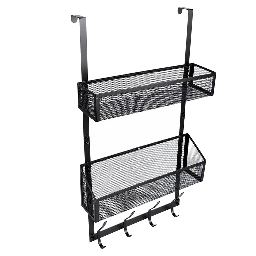 Over The Door Hooks Metal Hanger Storage Rack with 2 Mesh Basket and Coat Hooks for Bathroom Bedroom Kitchen