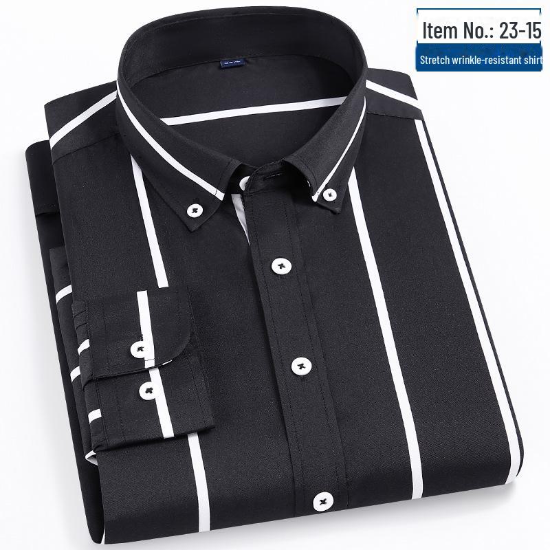 

Мужская рубашка 2025 года в полоску, с длинным рукавом, облегающего корейского кроя — повседневная деловая одежда, не требует глажки, удобная. 44