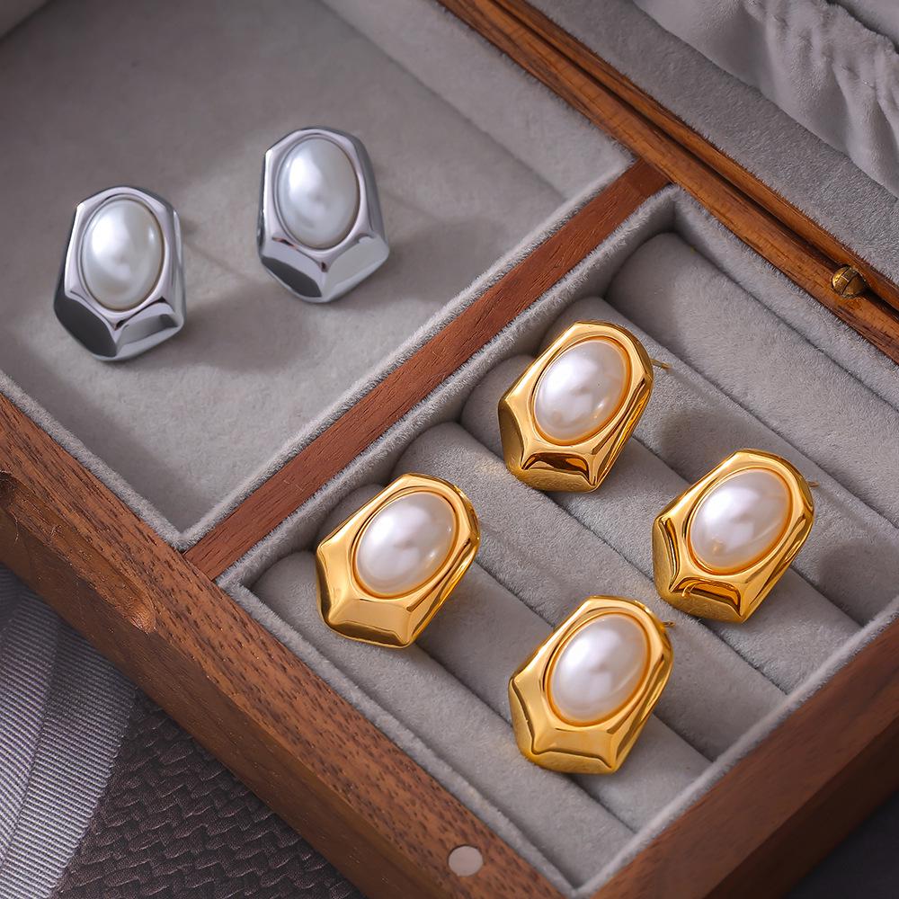 European Geometric Hexagon Stud Earrings with Imitation Pearl in 18K Gold Plated Titanium Steel
