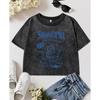 Summer 81 Cartoon Cherry Cats Prints Washed Crop T-Shirts Women Retro Cotton T-Shirt Summer Slim Clothing Tops