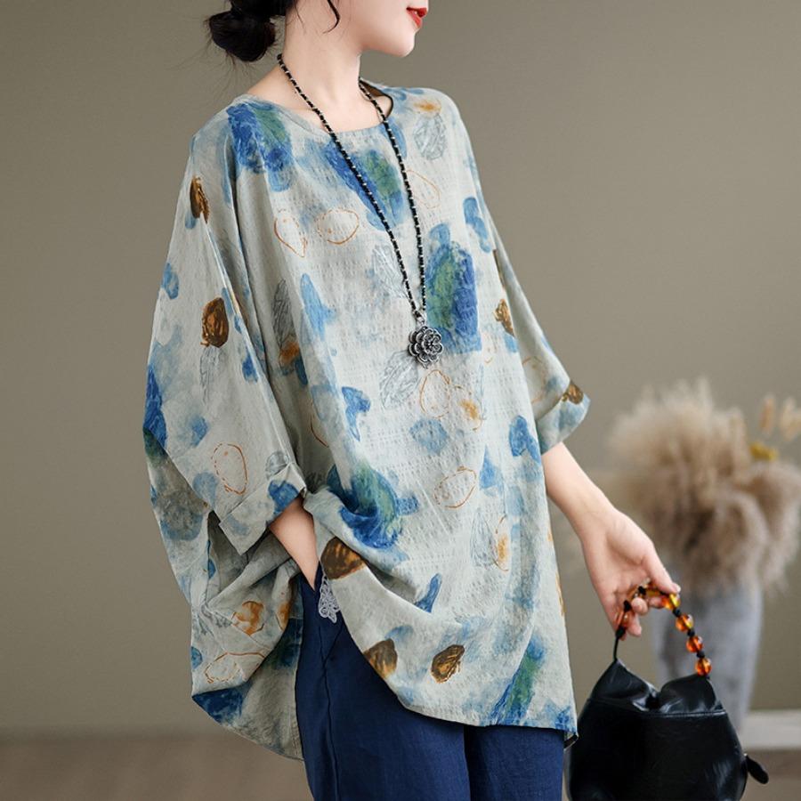 

Літня жіноча блуза великих розмірів з квітковим принтом, повсякденна вільна жіноча топ із круглим вирізом і рукавами «летюча миша» One Size