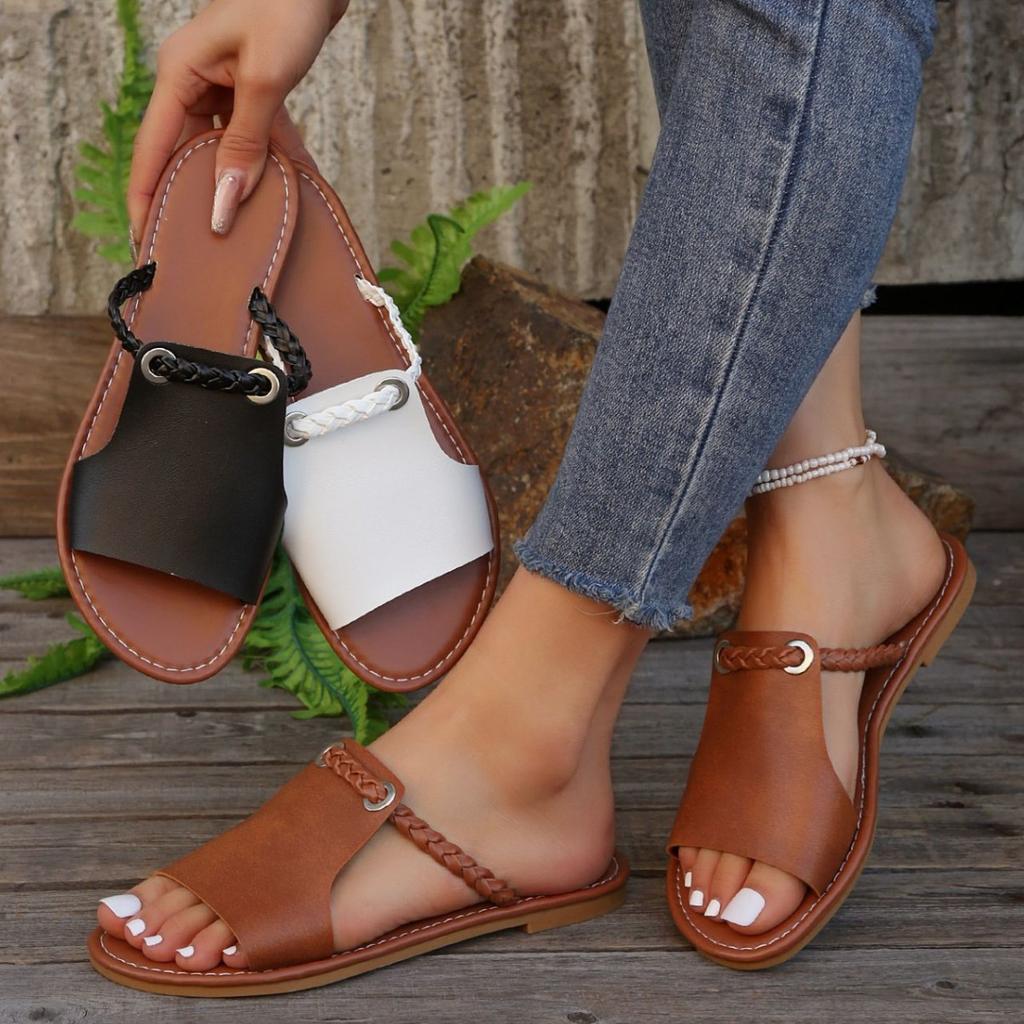 South East Asia foreign trade big summer new solid color slippers large size weaving simple daily wear beach slippers