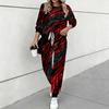 Women Geometric Pattern Print Two Piece Outfit, Long Sleeve Crew Neck Top & Drawstring Jogger Pants Casual Tracksuit for Spring Autumn