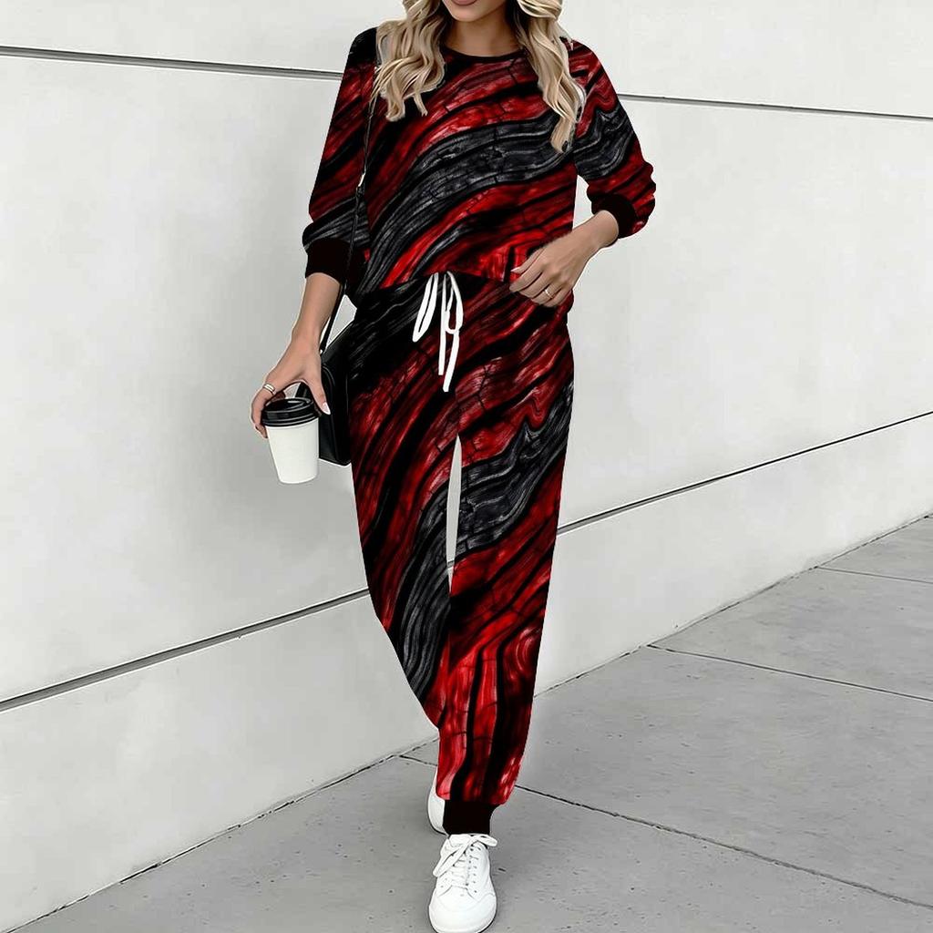 Women Geometric Pattern Print Two Piece Outfit, Long Sleeve Crew Neck Top & Drawstring Jogger Pants Casual Tracksuit for Spring Autumn