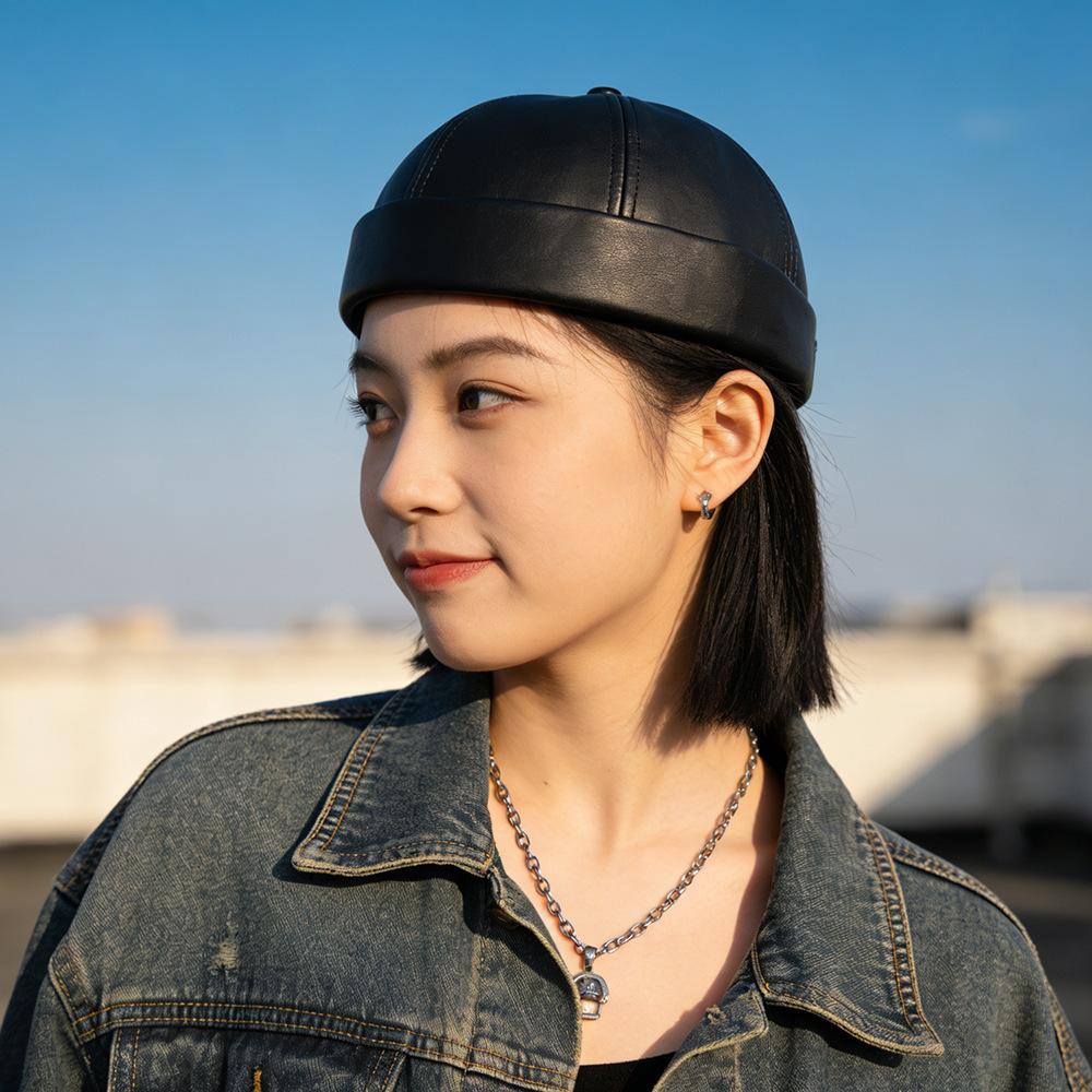 Unisex PU Leather Brimless Cap Retro Docker Hat Sailor Miki Beanie Rolled Cuff Skullcap Yuppie Streetwear Melon Cap