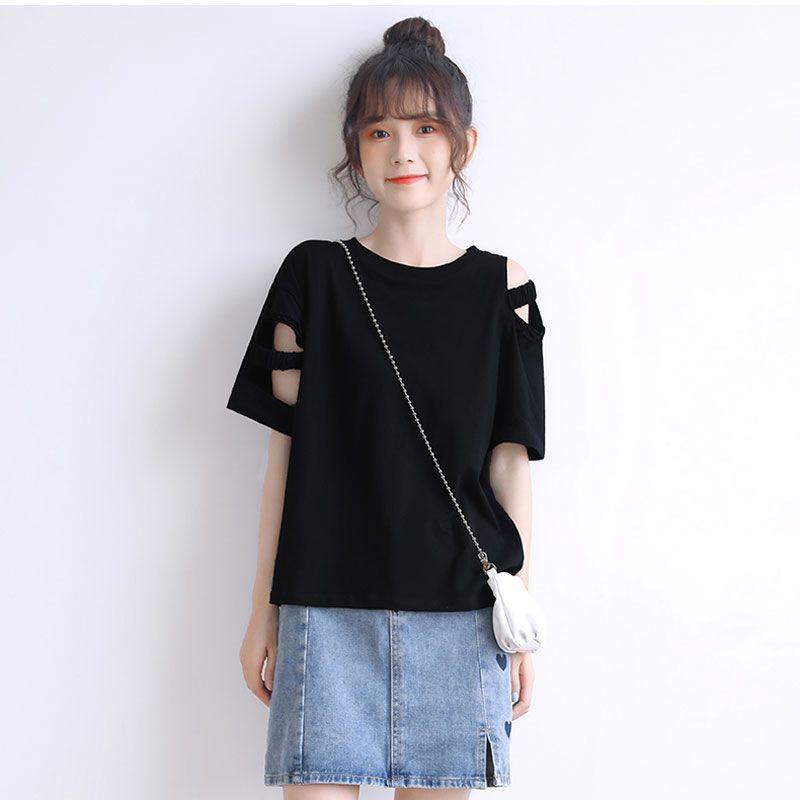 Black Hollow Off-shoulder Short-sleeved T-shirt Summer Korean New Loose Design Fashionable Top