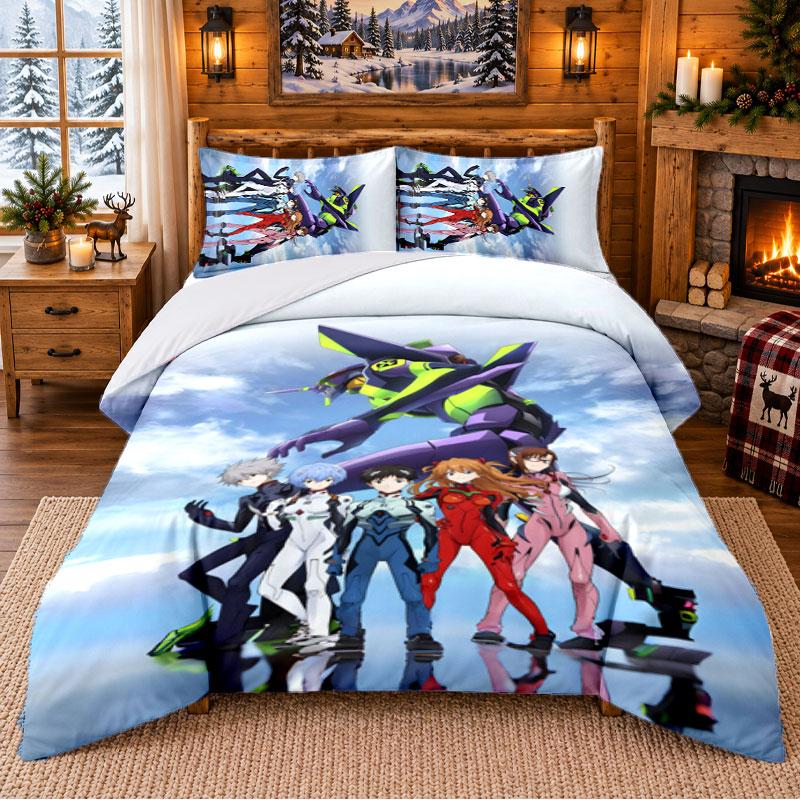 Neon Genesis Evangelion Pattern Bedding 3Pcs Set Bed Sheet And Pillowcases For Indoor Bedroom