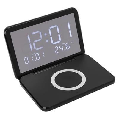 Acogedor Wireless Charging Digital Alarm Clock, LED Mirror Electronic Clock with Flip Cover, 15W Fast Charging, Adjustable Brightness, for Bedroom (Bl