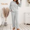 2 Pcs/Set Pajama Set Autumn Winter Casual Outfit Top Pants Set Round Neck Long Sleeve Top Elastic Waist Sport Tracksuit Daily Clothes Sleepwear