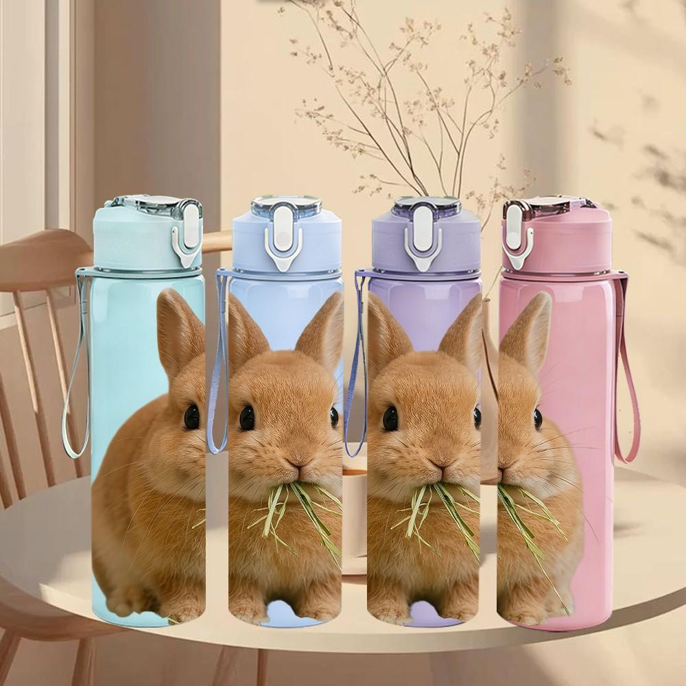 1PC Brown Rabbit Eating Grass Print 750ml Color Plastic Sports Water Bottle Leakproof Flip Straw Lid Suitable for Sports Office Home Use