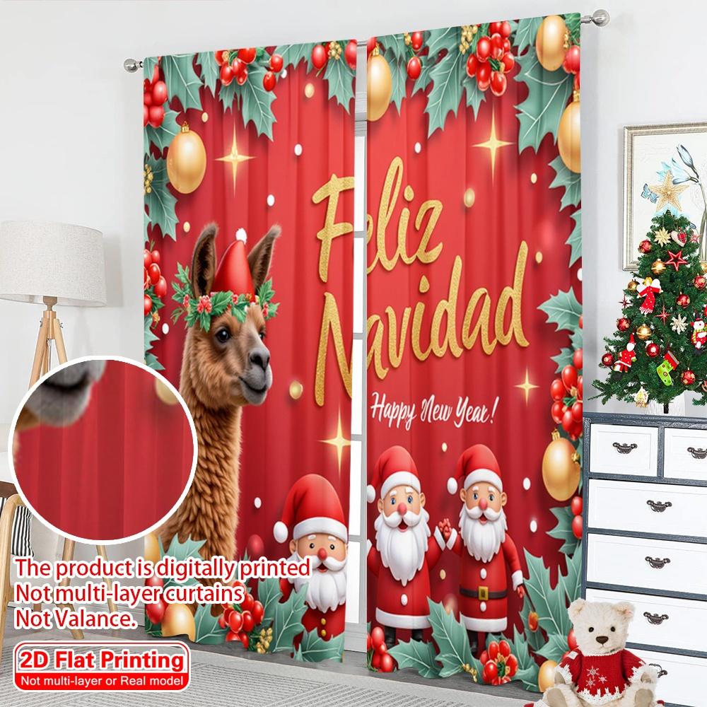 2pcs 2D Flat Printing Merry Christmas Scene Curtains Merry Christmas Llama Santa 100% Polyester Without Electricity Festive