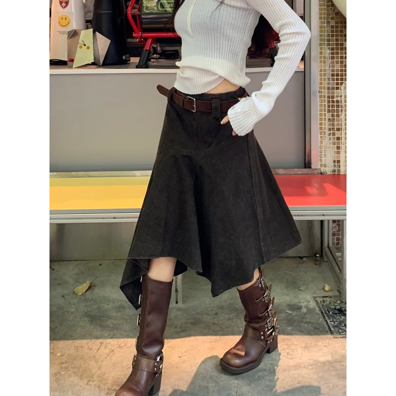 Kumikumi Design Sense Retro Irregular High Waist Skirt Women clothes Autumn Loose Slimming Drape Midi dress