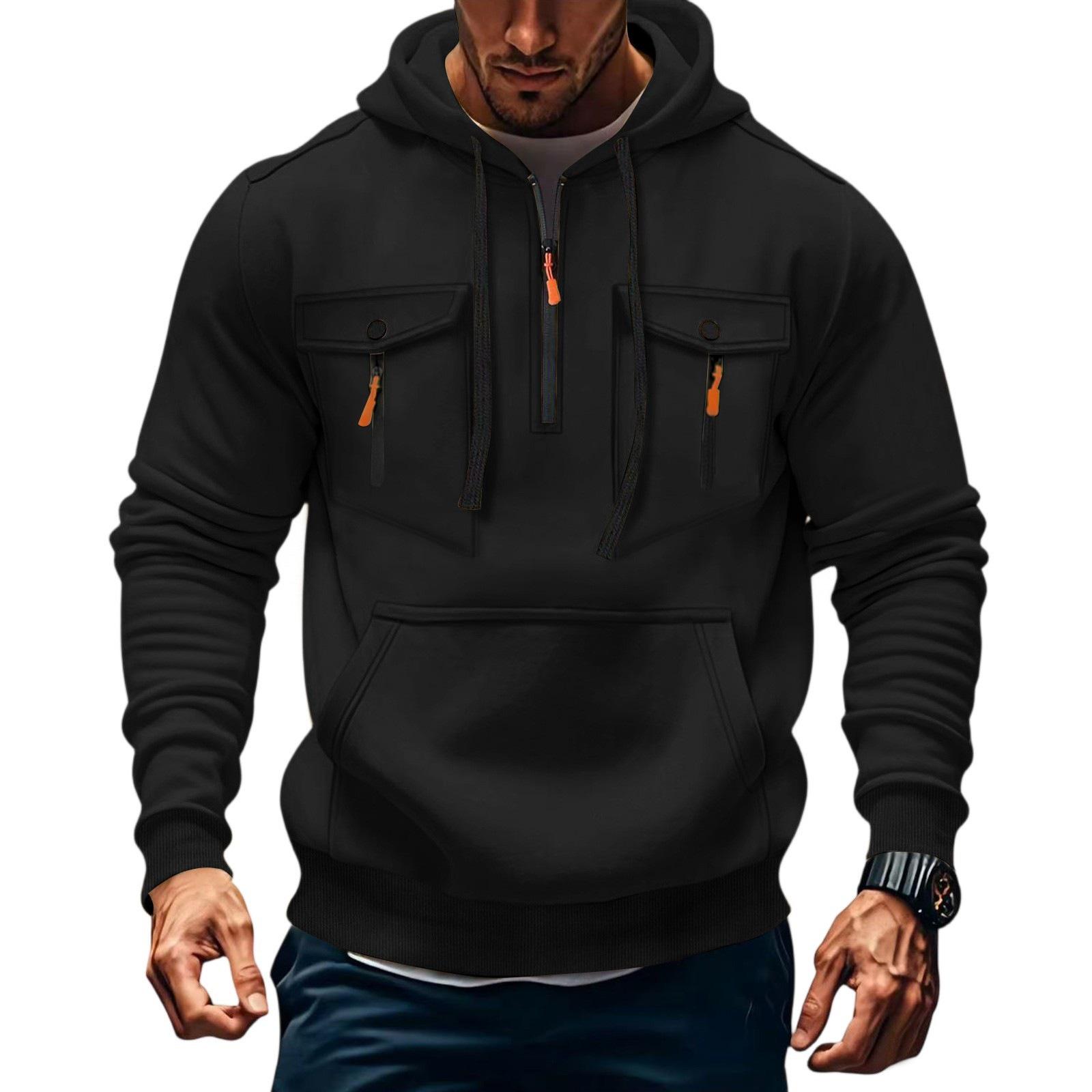 Herren Trendiges Multi-Pocket Halbreißverschluss Kapuzen-Sweatshirt für Herbst/Winter XXXL schwarz