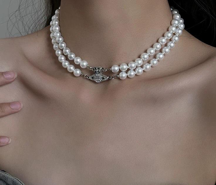 Vivienne High-End Three-Layer Pearl & Diamond Saturn Necklace for Women