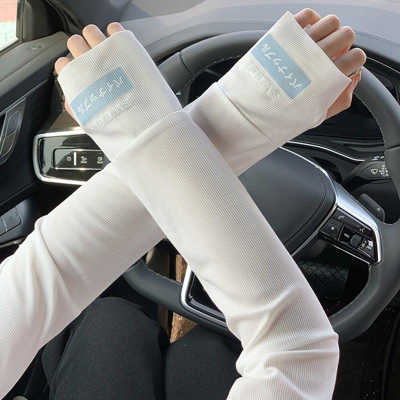 

Qixun Viscose Fiber Sun-Protection Oversleeves Women s Summer UV Protection Thin Cool Open Finger Cycling and Driving Long Loose Arm Guard White (letters) All yards