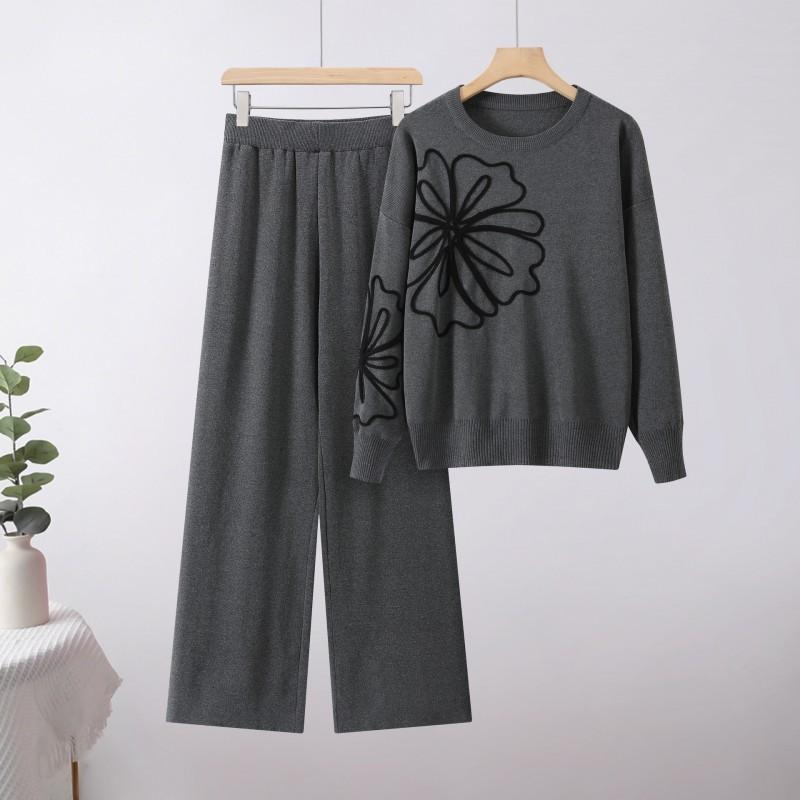 Suéter Suave de Cuello Redondo Top Casual Pantalones Anchos Holgados Traje de Dos Piezas