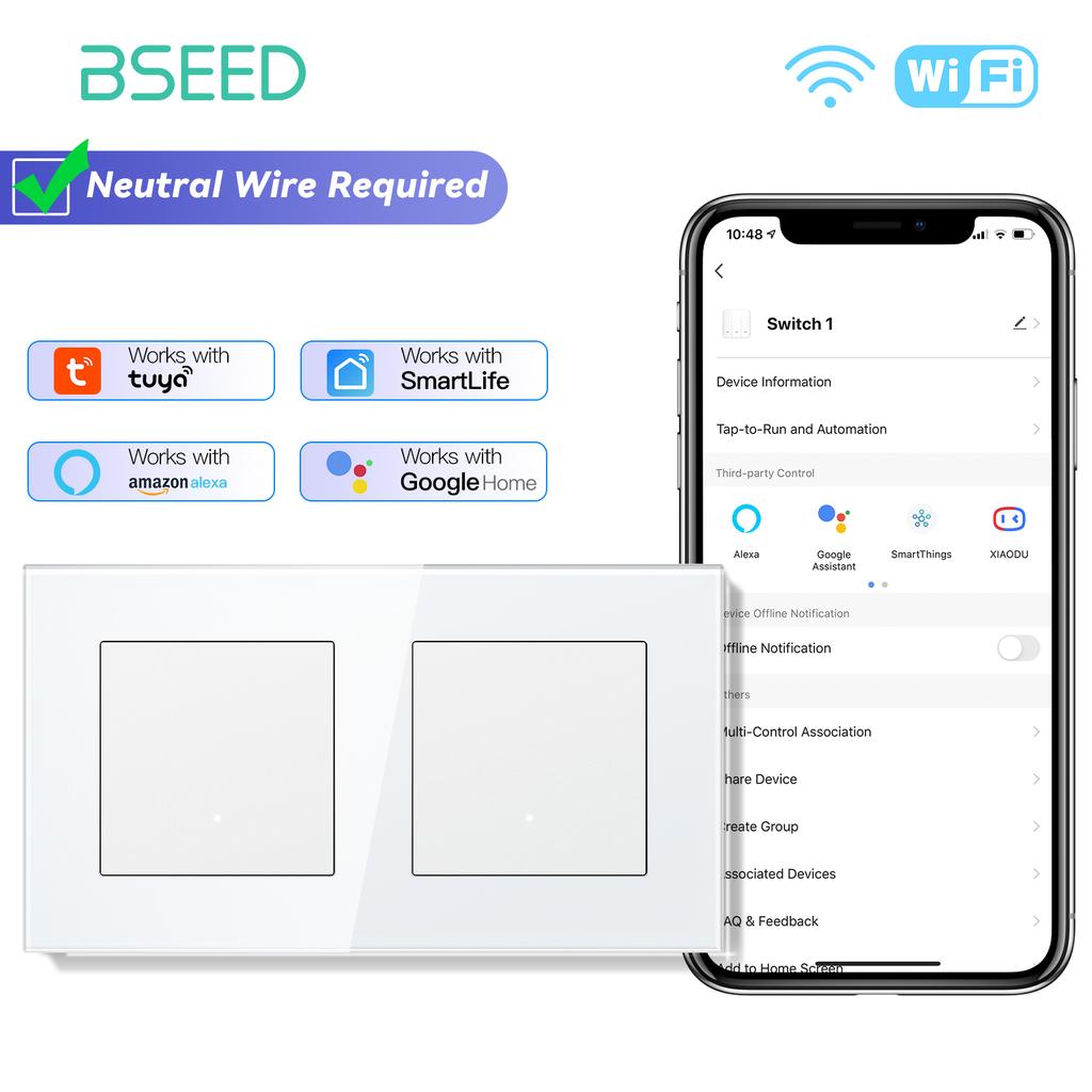 BSEED Wifi Wall Smart Switches 1/2/3/4Gang Mechanical Click Buttons Tuya Smart Life App With EU Power Sockets USB Glass Frames