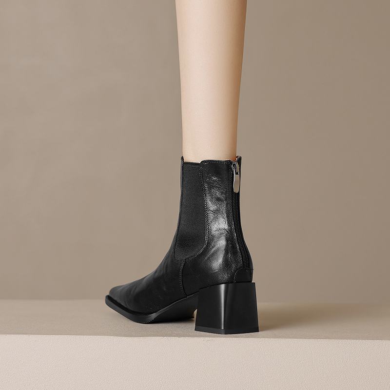 Krazing Pot Sheep Skin Square Toe Winter Med Heels Chelsea Boots Women Zipper Retro Fashion Leisure Ankle Boots