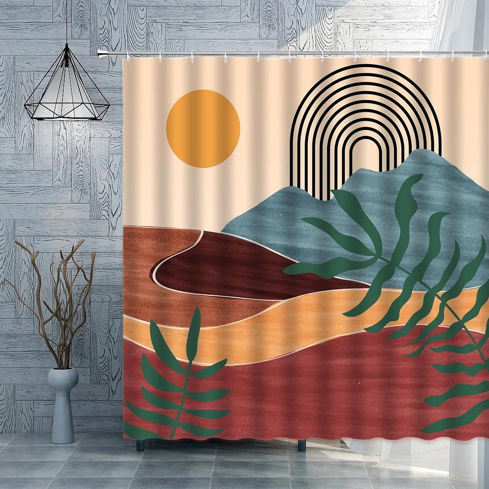 

Abstract Geometric Shower Curtain Polyester Tropical Plant Leaves Arch Line Modern Minimalist Aesthetic Curtains for Bathtubs W90XH180cm