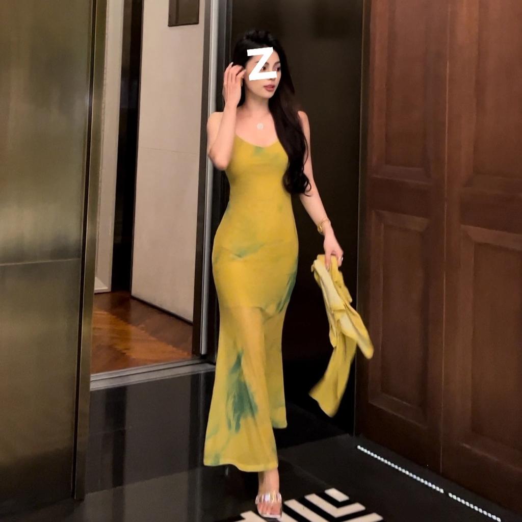 Large Size Royal Sister Sexy Hip-wrapped Long Dress Female Summer Slightly Fat Mm Waist and Thin French Temperament Tie-dye Suspender Dress