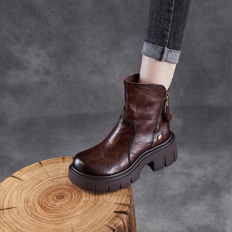 Johnature Retro Thick Soled Side Zipper Women's Short Boots Genuine Leather Knight Boots