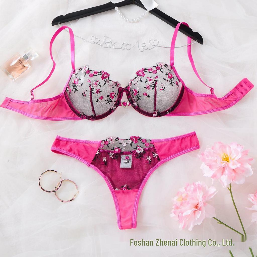 Florales besticktes Mesh Push-up Dessous-Set für Damen