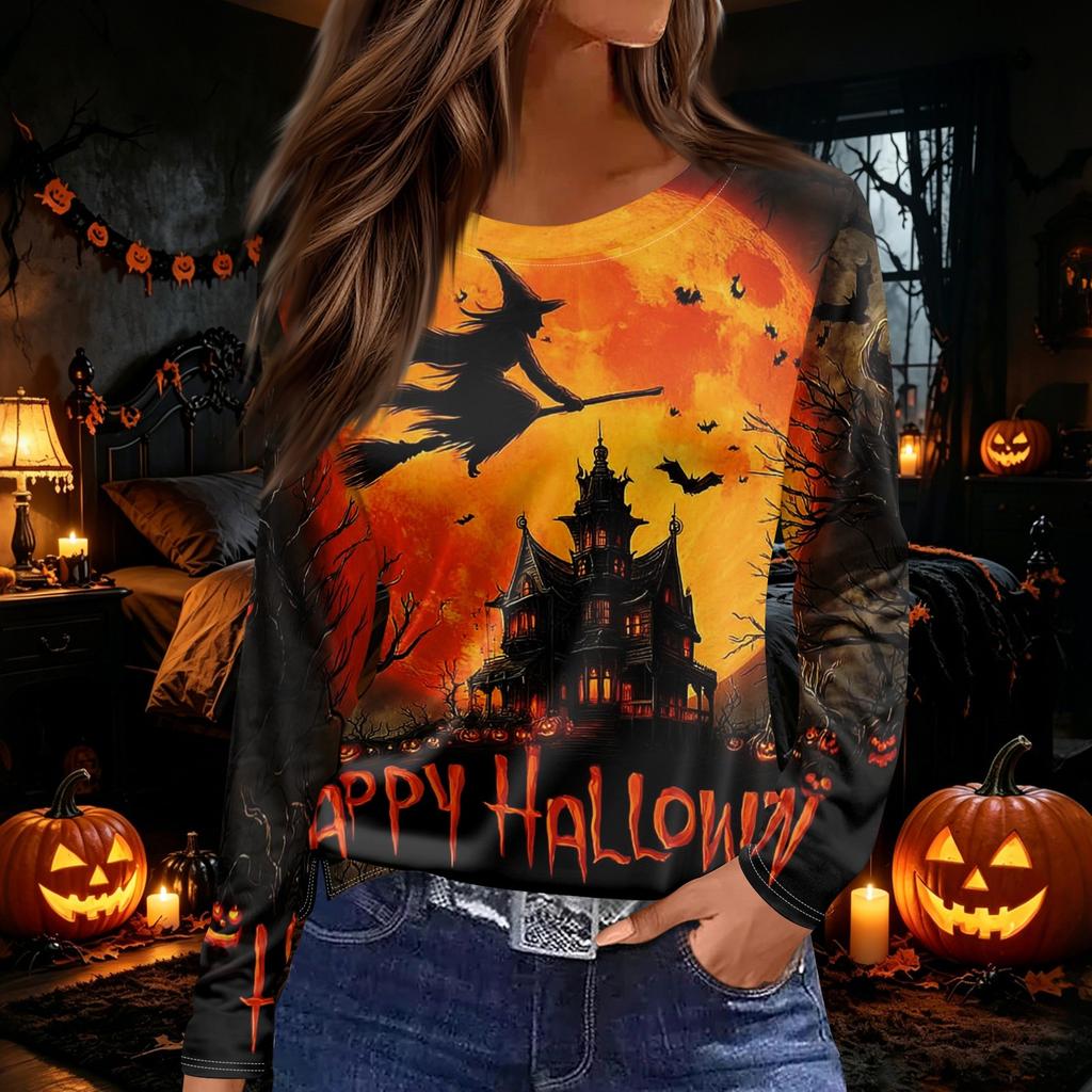 Women's Halloween Print Long Sleeve Top with Side Slit Round Neck for Casual Everyday Wear