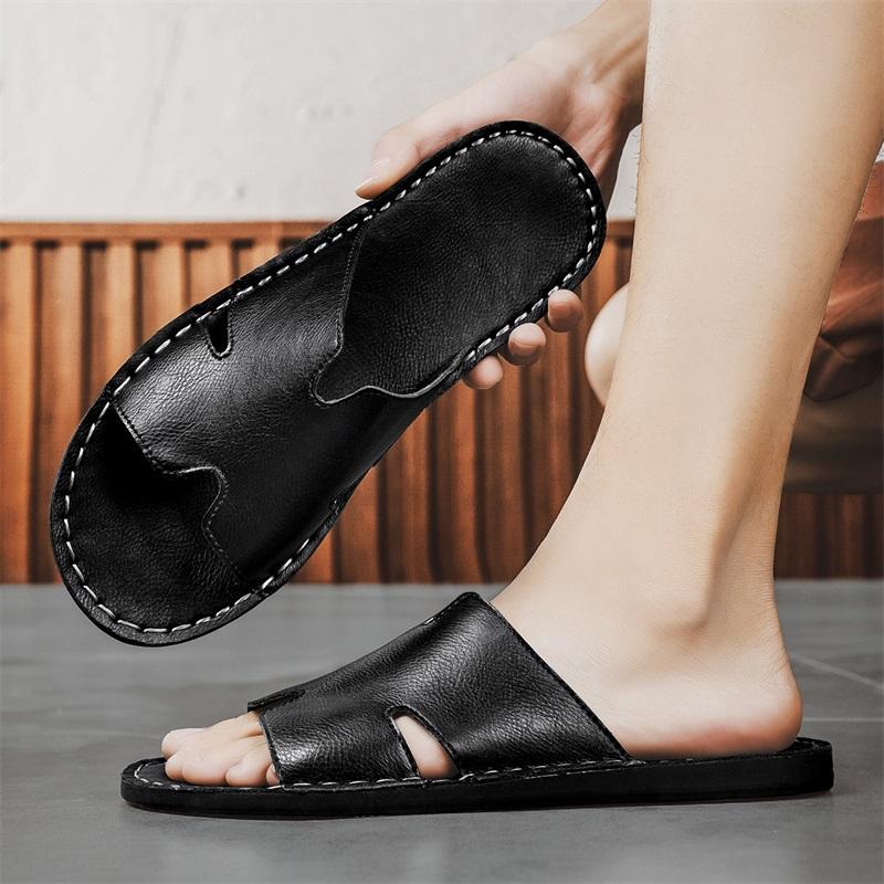 Pantofole da Uomo Fatte a Mano Semplici Sandali Bassi Esterno Estate Marrone Nero Ciabatte a Infradito Punta Aperta Scarpe da Spiaggia Taglia Plus