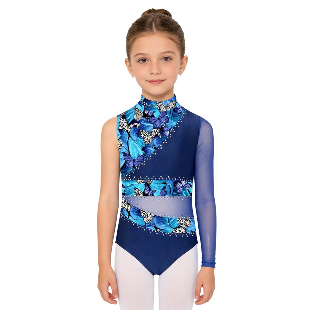 Girls Gymnastic Leotard Sparkly Rhinestones Patchwork Asymmetric Sleeve Design Back Hole Out Crotch Press Buttons Dance Unitard Competition Bodysuit