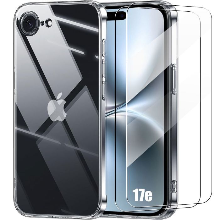 Coque Silicone - BOOLING - pour iPhone 17e - Transparent Souple Anti-Rayures - 2 Verres Trempés