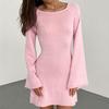 Halter Round Neck Blouse Solid Color Knitted Flared Sleeve Beach Dress