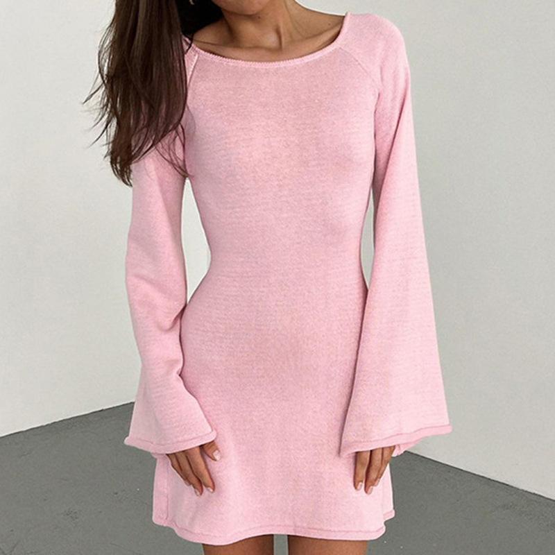 

Halter Round Neck Blouse Solid Color Knitted Flared Sleeve Beach Dress S білий