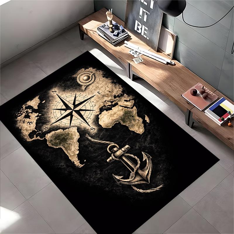 Nautical Art Area Rug, Vintage World Map Compass Anchor Rope Dark Sepia Print, Coastal Study Office Decor, Non-Slip Mat
