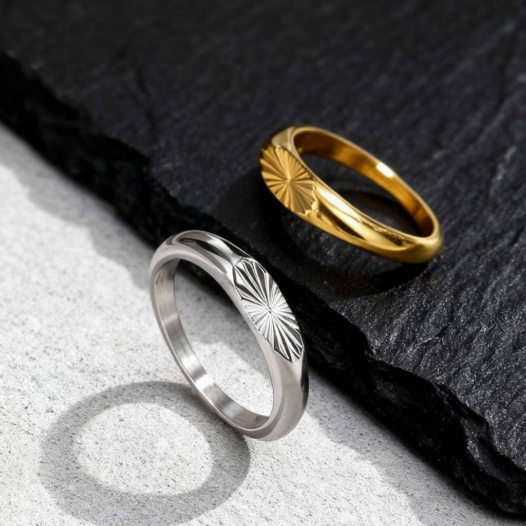 Dainty Gold Color Men's Ring,Embossing Radiation Sunburst Stainless Steel Tail Ring,Stylish Wedding Gift