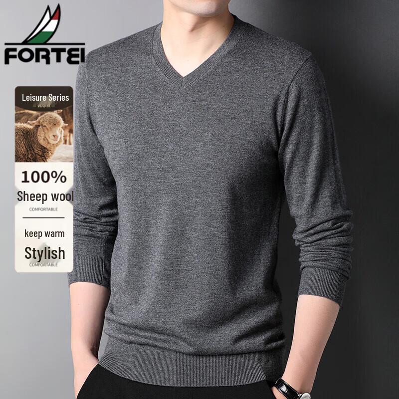 FORTEI Men's 100% Pure Wool V-Neck Pullover Sweater