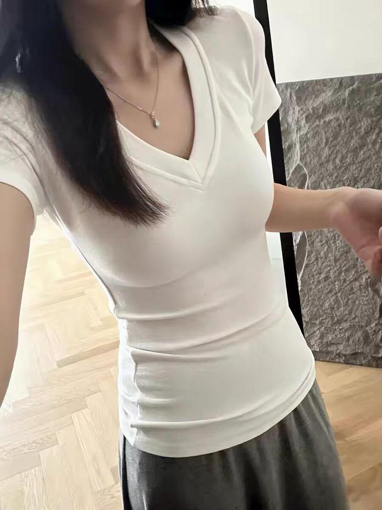 Jian Man Ni Women's American Retro V-Neck Short-Sleeve Slim Fit Summer Top