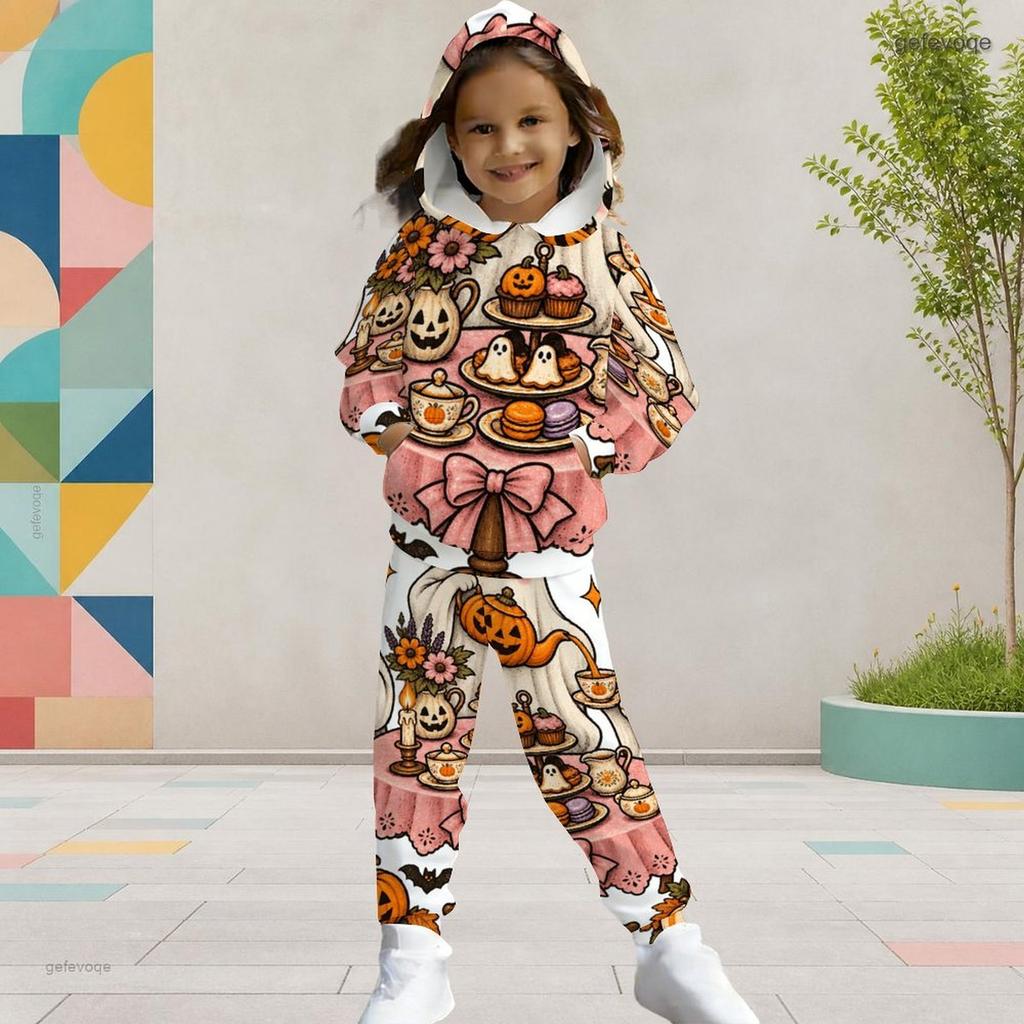 Girls Halloween Printed Hooded Long Sleeve Kangaroo Pocket Top Cuffed Pants Two Piece Set