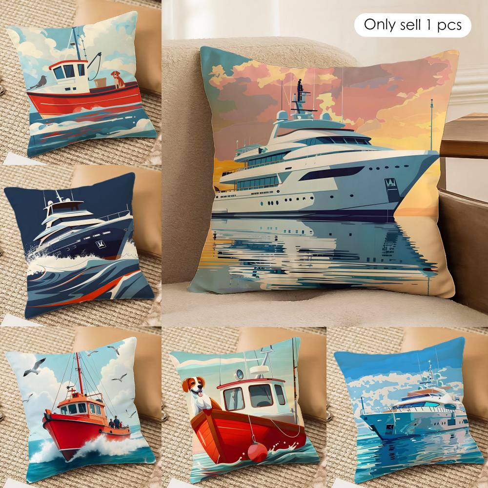 Classic Ships Cushion Cover Soft Plush Fabric Double-Sided Printed Cushion Covers for All Seasons Home Decor