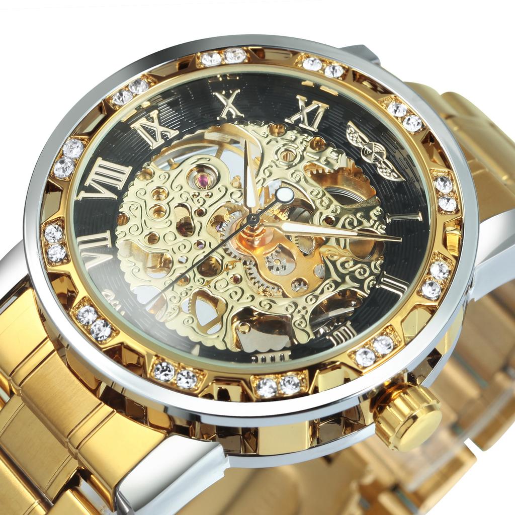 WINNER Retro Gold Mens Watches Top Brand Luxury Mechanical Watch for Men Stainless Steel Strap Business Skeleton Watch Luminous