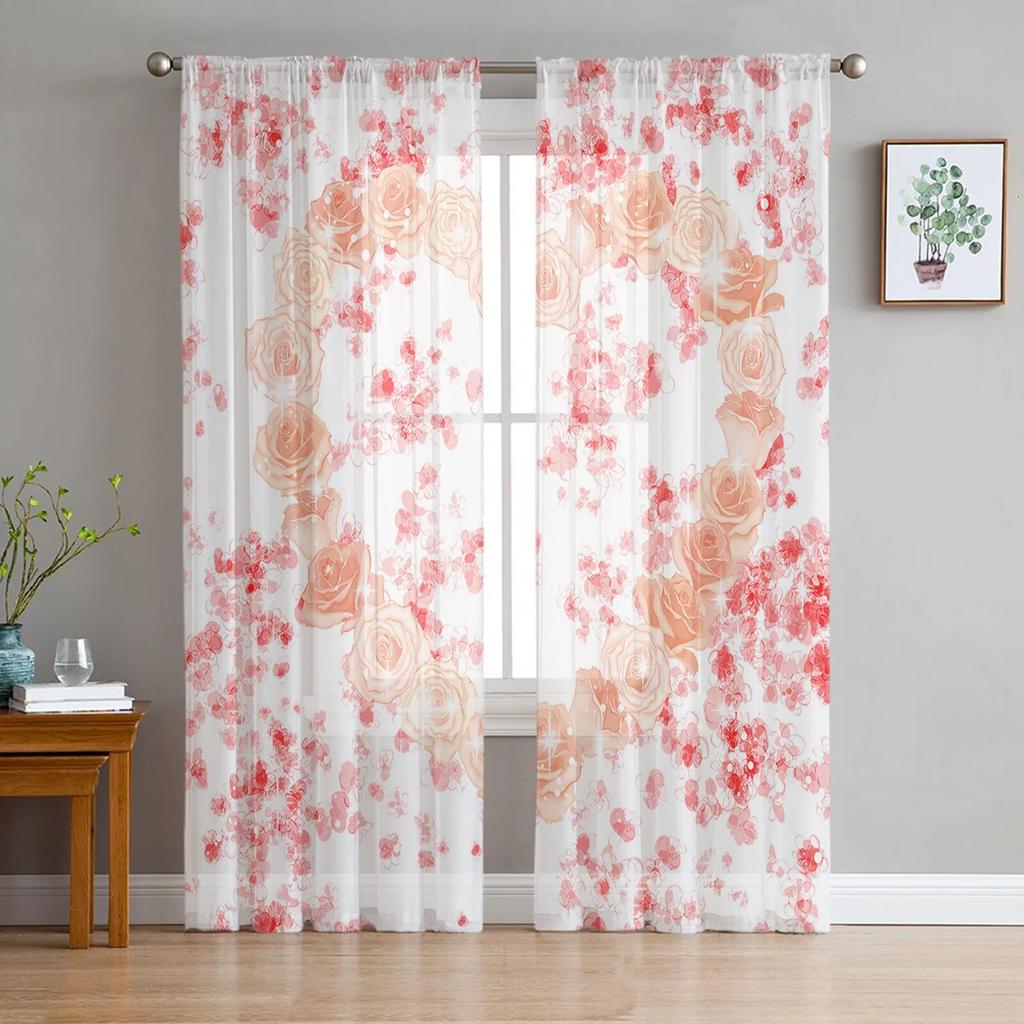 Love Pink Rose Butterfly Sheer Curtains for Bedroom Living Room Voile Window Curtains Tulle Curtains for Kids Room