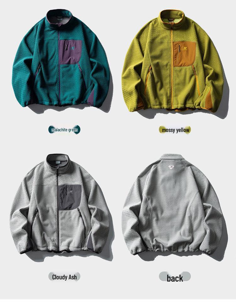 Unisex Outdoor Color Block Fleece Hiking Jacket with Stand Collar
