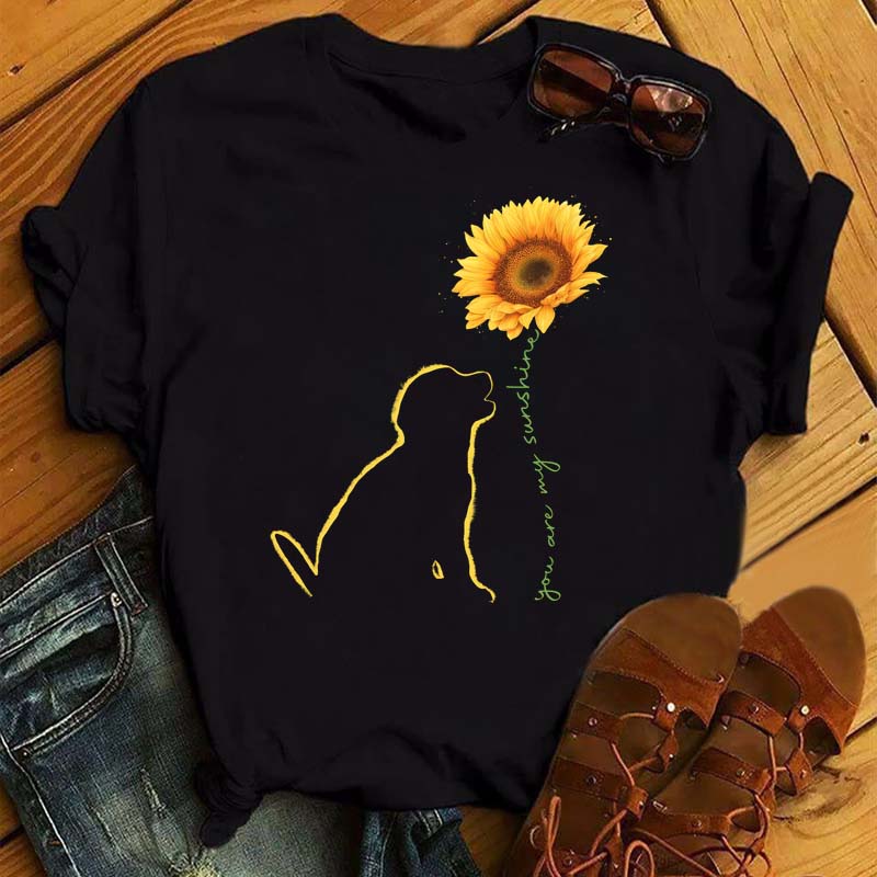 

Maycaur New Kawaii Women Sunflower Butterfly Print Black T-Shirts Casual Short Sleeve Tops Cartoon Graphic Clothes Female Tees L