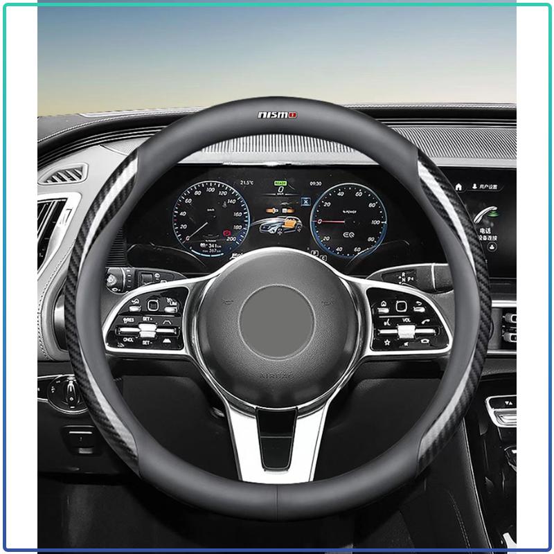 Leather Carbon Fiber Car Steering Wheel Cover Accessories For Nismo Logo Emblem R34 GTR Nissan Tiida Sylphy Teana X Trail T32