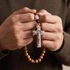 QX2E Wooden Rosary Necklace With Crosses Catholic Prayer Beads Chain For Women Men