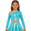 Girls Jazz Dance One Shoulder Long Sleeve Sequins Top Performance Competition Costume