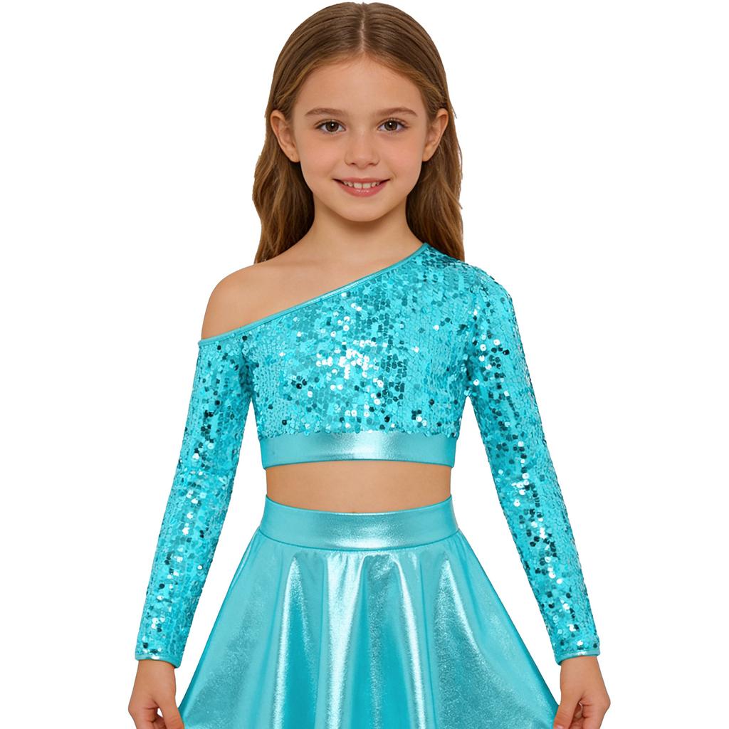 Girls Jazz Dance One Shoulder Long Sleeve Sequins Top Performance Competition Costume
