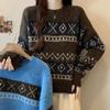 Navava Long Sleeve Knit Top With Geometric Pattern Round Neck Nk3326