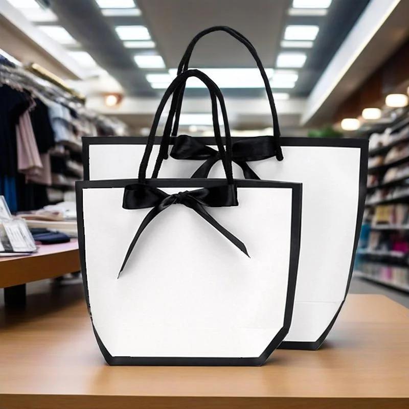 Portable Shopping Handbag White Cardboard Paper Tote With Black Border Gift Packing Bags Large Capacity Sundries Storage