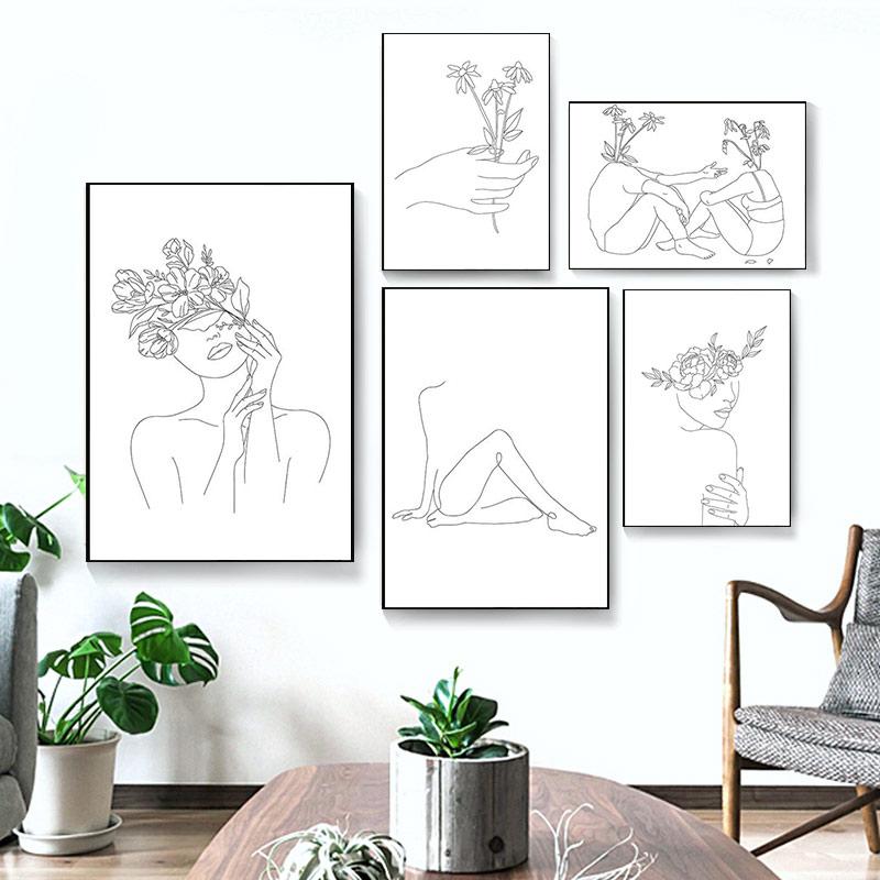 

Скандинавская простота, постер для рисования линий и принт, черно-белый абстрактный цветок, женская картина, холст, картина, настенная живопись, декор